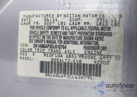 2012 Nissan Sentra 2.0 S z USA, uszkodzony, nr VIN 3N1AB6AP3CL615794